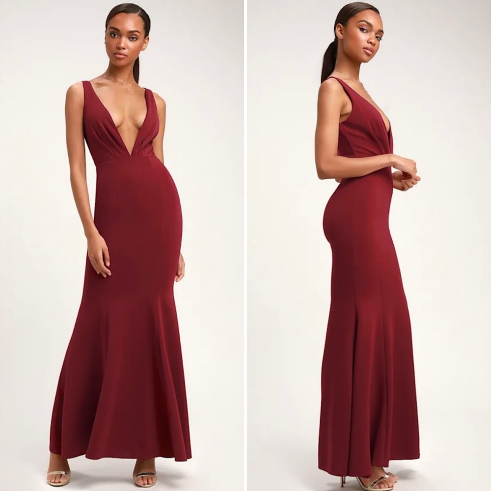 Lulus Burgundy Sleeveless Mermaid Maxi Dress Low V Neck Cut Size XL Sexy